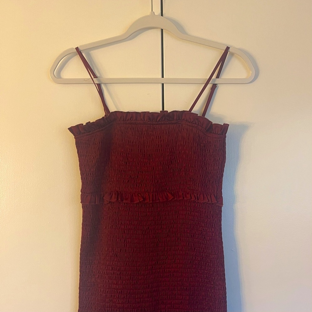 MABLE Satin Smocked Fitted Ruffled Midi Dress- Wine Color - Picture 6 of 10